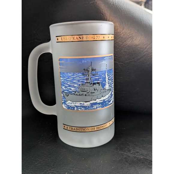 USS O'Kane DDG 77 Frosted Glass Beer Stein Navy Destroyer Mug Gold Trim 6in - Picture 2 of 10